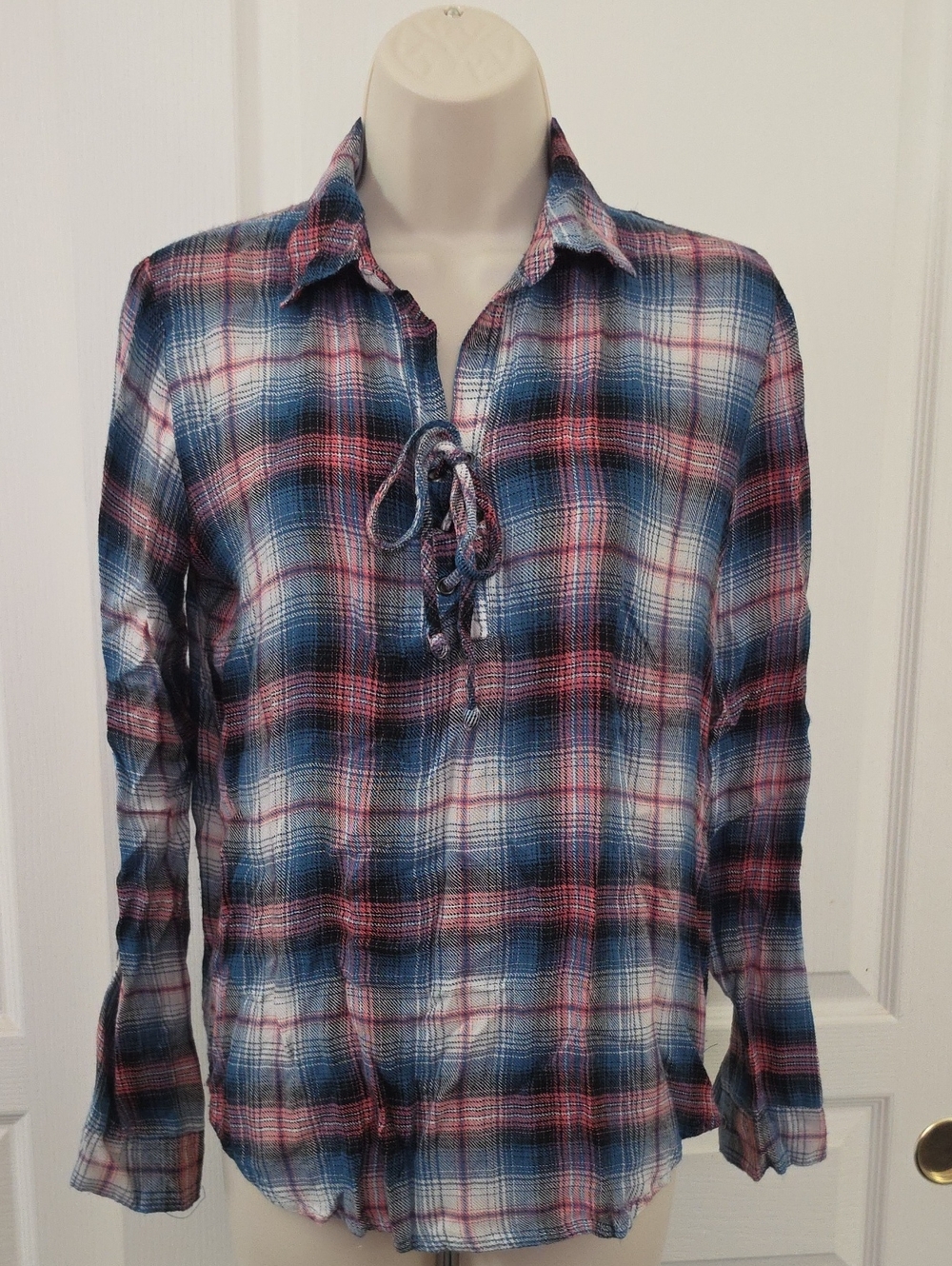 Live To Be Spoiled | Plaid Lace-Up Long-Sleeve Shirt in Blue and Red-S